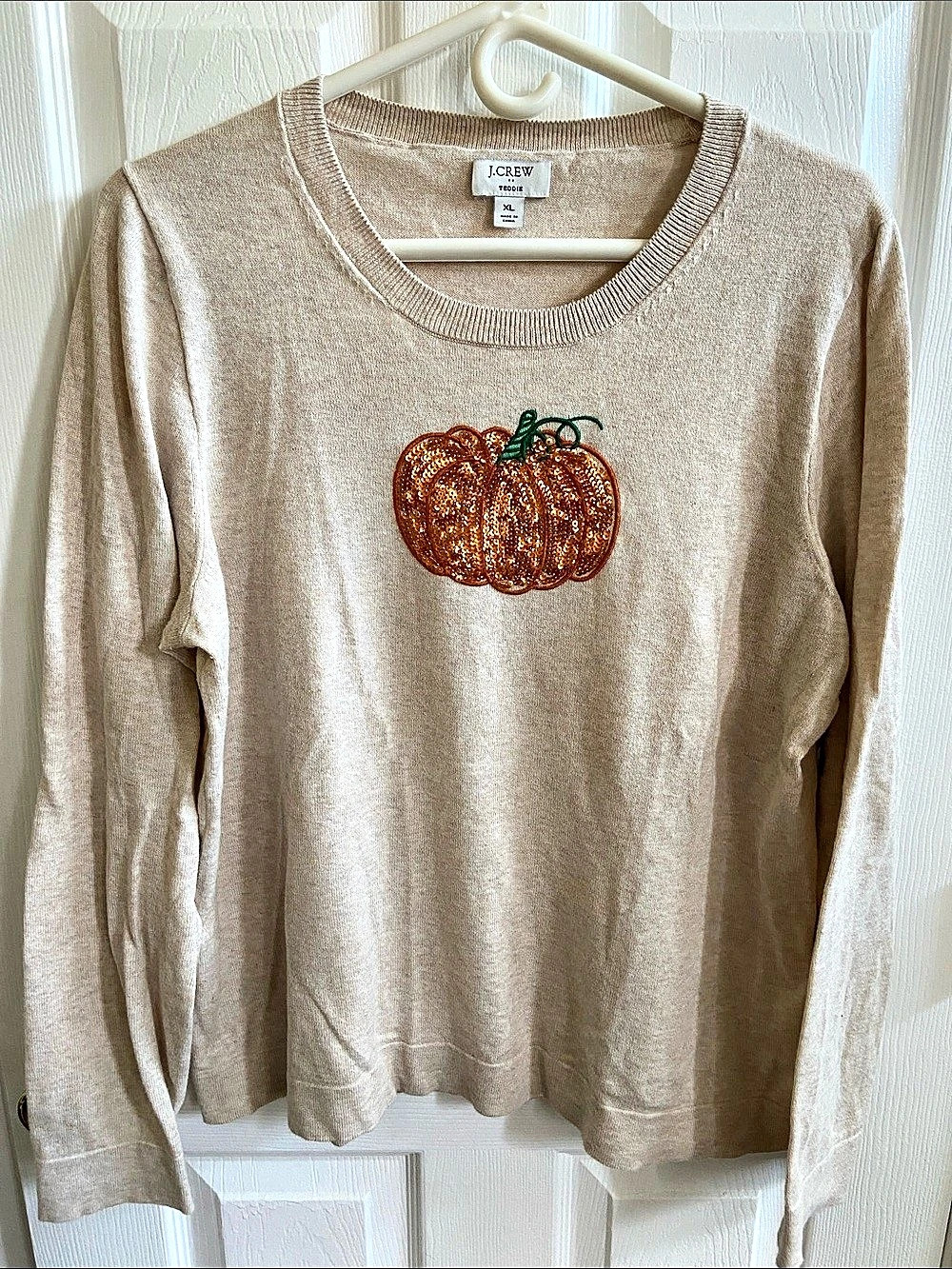 J.Crew Teddie Sweater with Sequin Pumpkin Sequin Pumpkin Crewneck in Beige XL